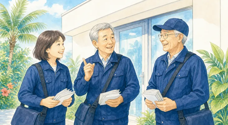 出発前に和やかに話す幅広い年代の配布スタッフ