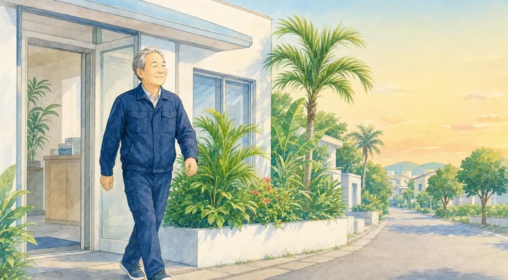 まだ明るい夕方に事務所を出る配布スタッフ