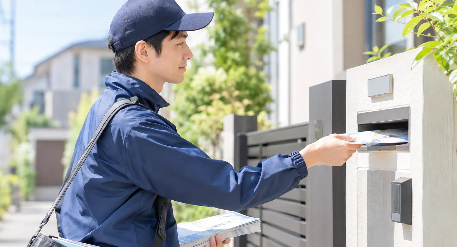 ポスティングスタッフが住宅のポストにチラシを投函している様子